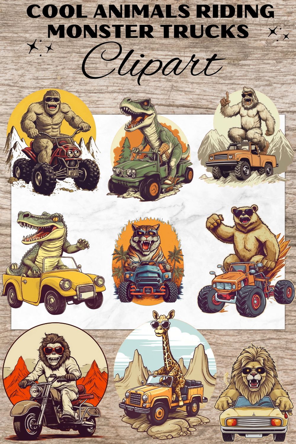 11 Watercolor Animals Riding Monster Trucks PNG, Animal Clipart, Transparent, Digital Paper Craft, Illustrations, Watercolor Clipart for Scrapbook, Invitation, Wall Art, T-Shirt Design pinterest preview image.