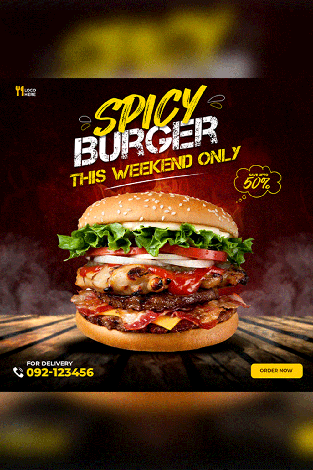 Delicious burger and food menu social media banner template pinterest preview image.