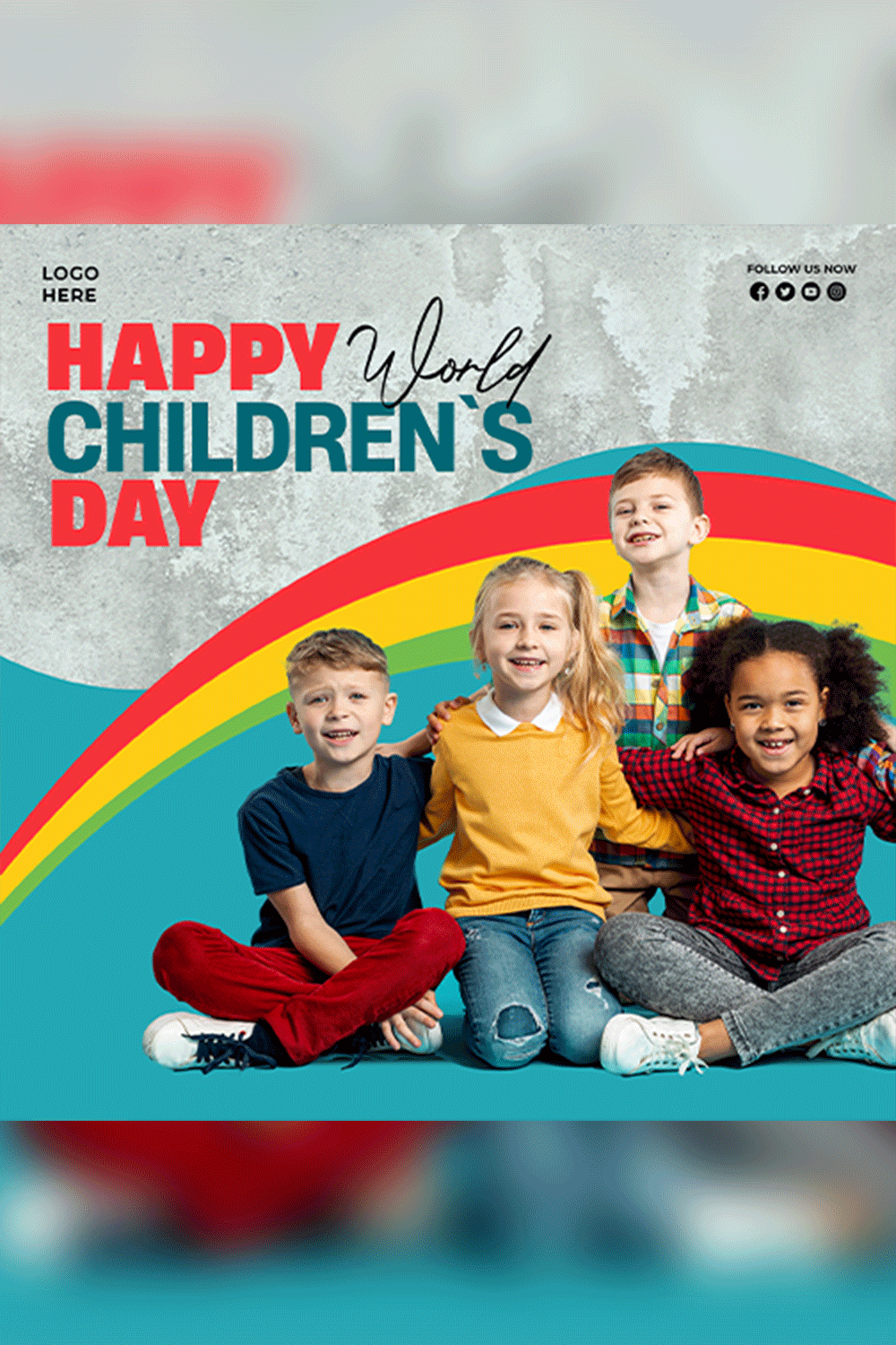 Happy world children's day with a rainbow social media post banner PSD pinterest preview image.