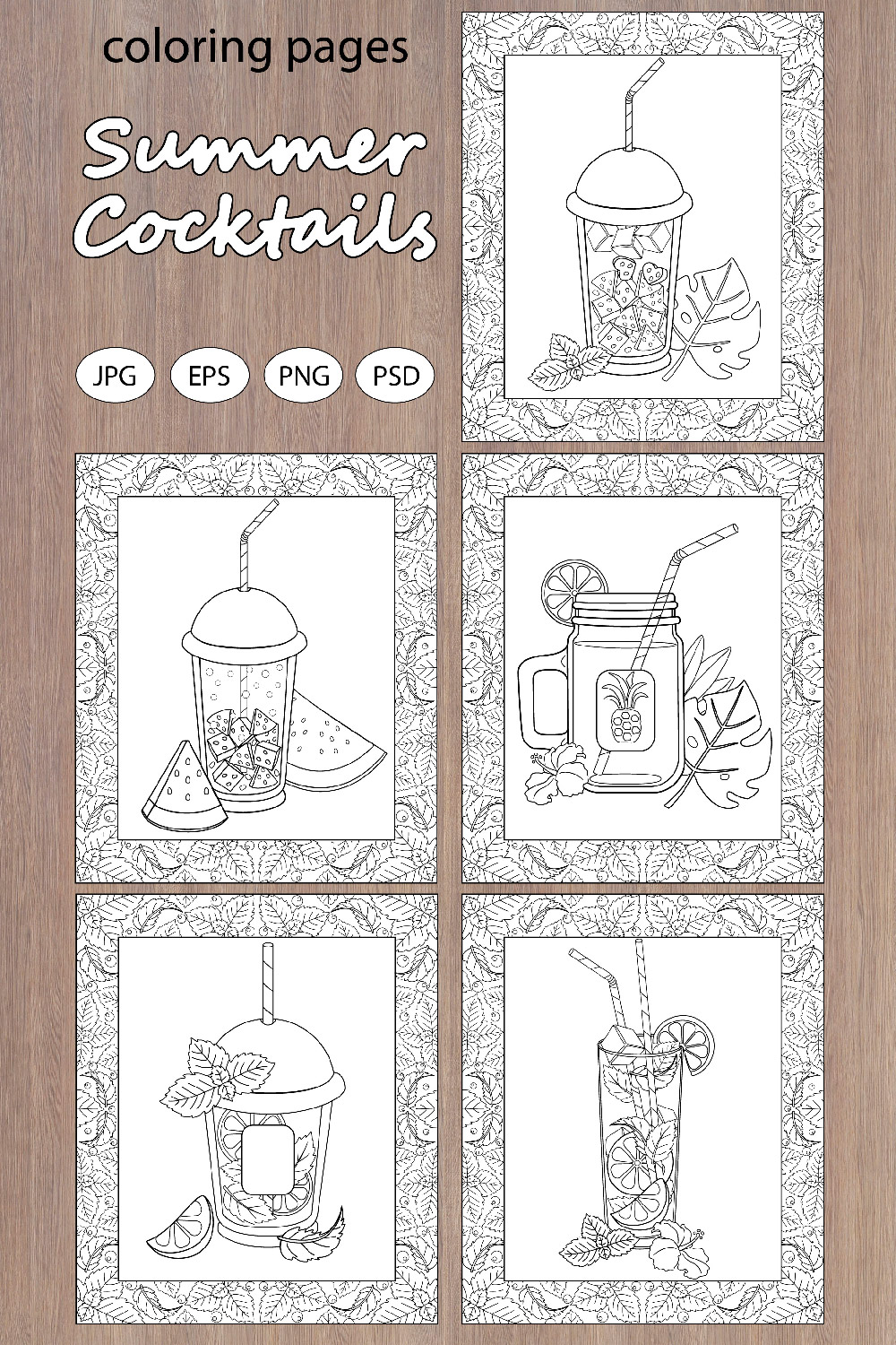 Summer Cocktails - 5 coloring pages pinterest preview image.