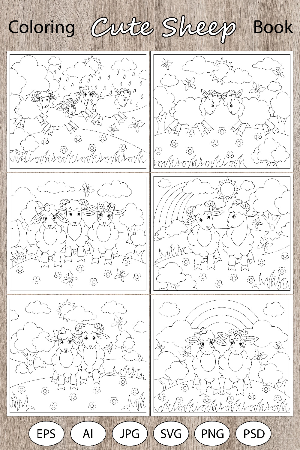 Cute Sheep in the pasture - coloring book for children pinterest preview image.