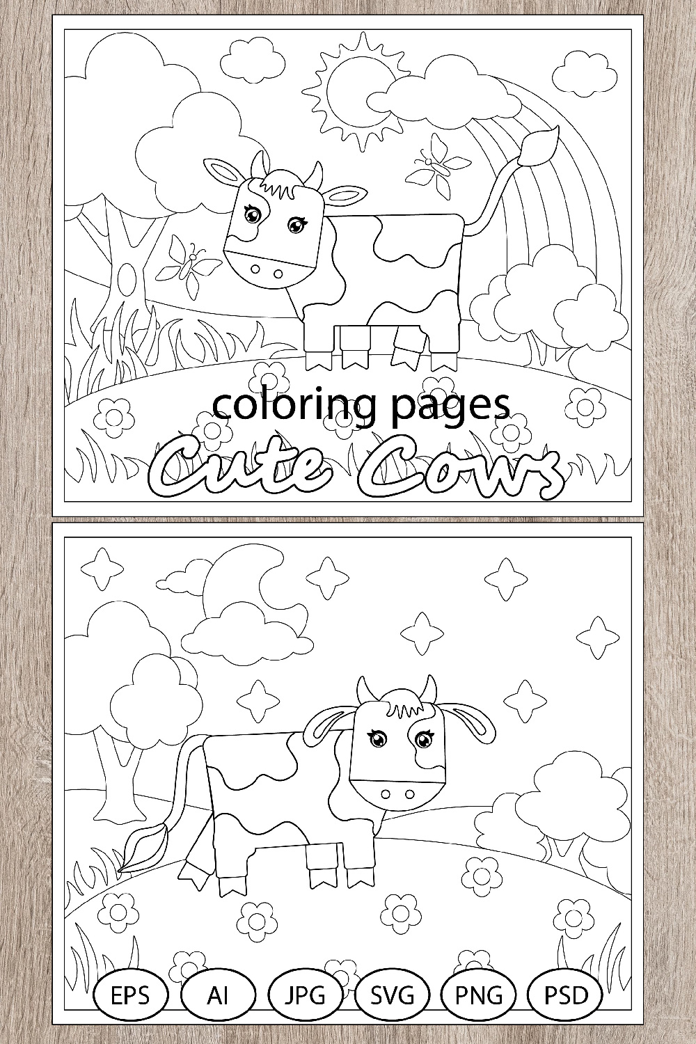 Cute Cows - 2 coloring pages for kids pinterest preview image.