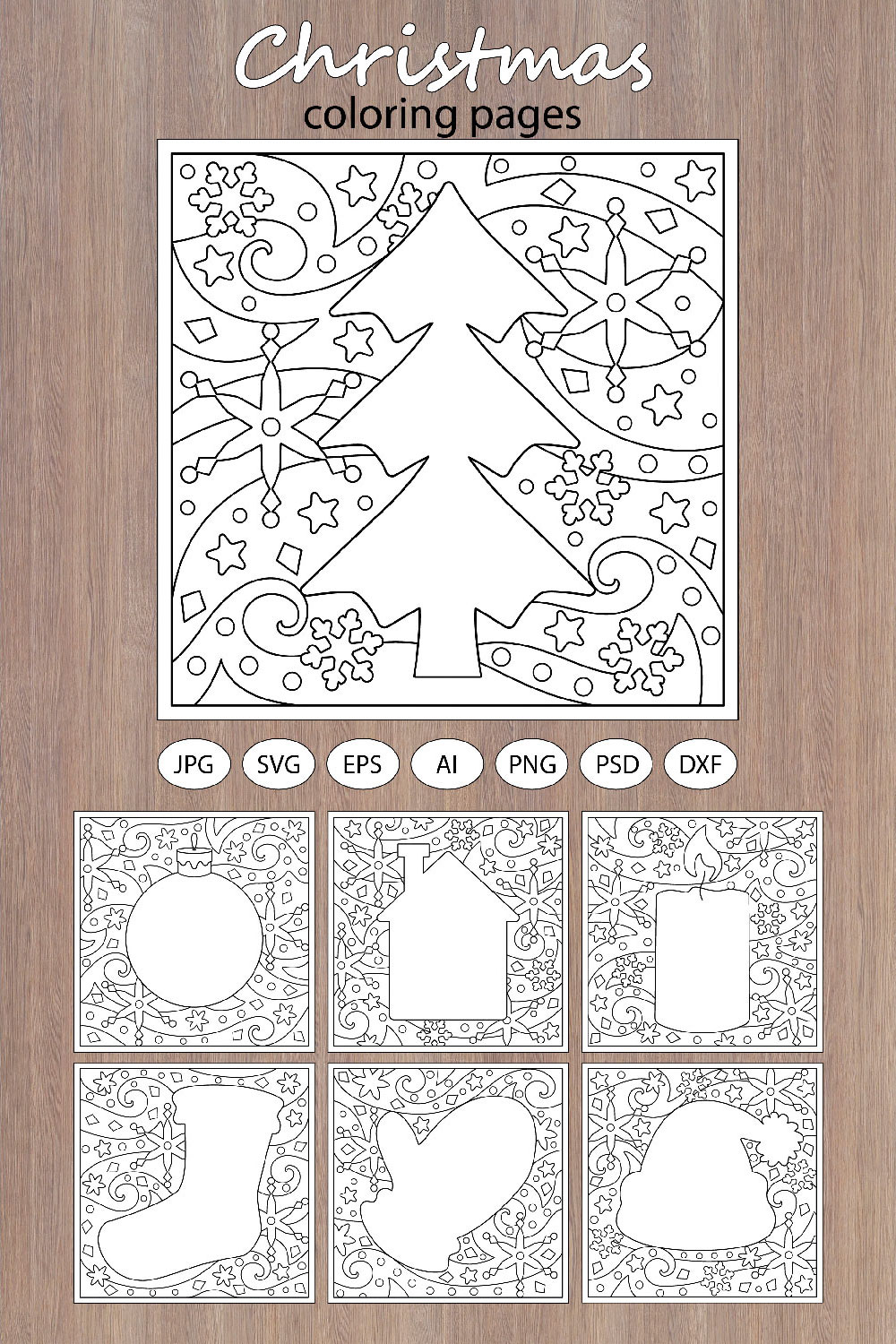 Christmas Coloring Pages - 7 printable items pinterest preview image.