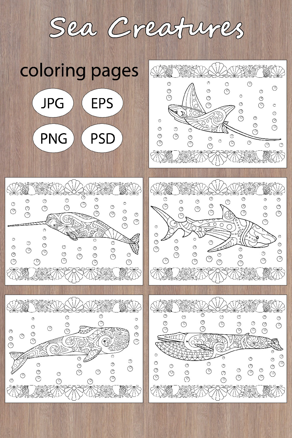 Sea Animals - 5 antistress coloring pages pinterest preview image.