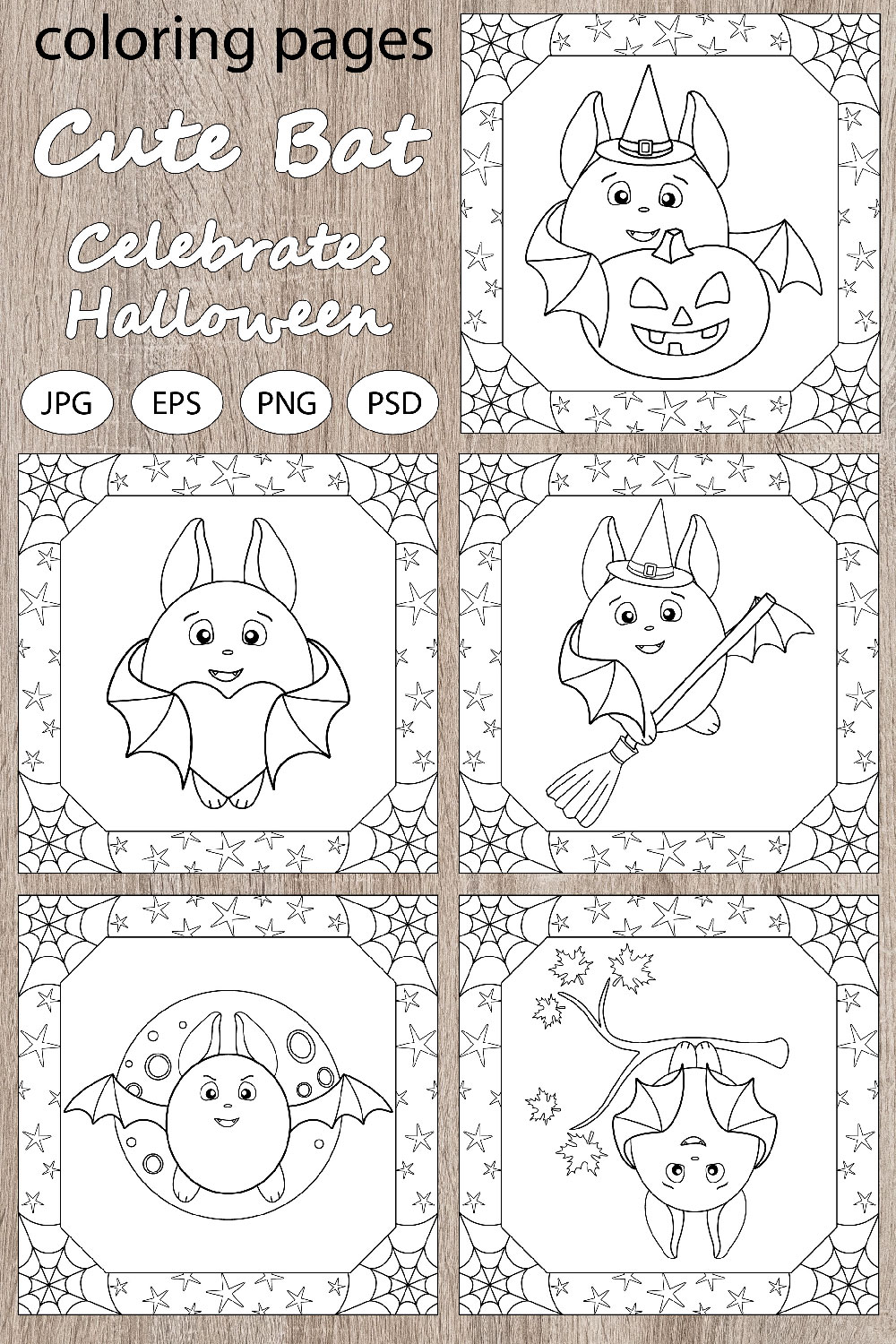 Cute Bat Celebrates Halloween - 5 Coloring Pages pinterest preview image.