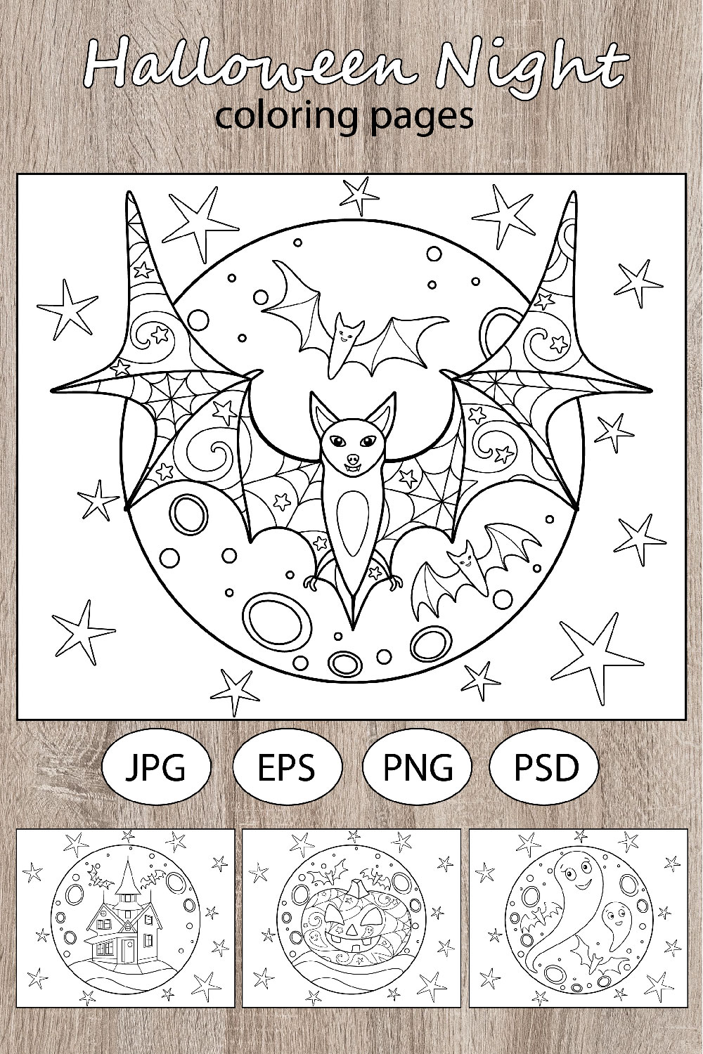 Halloween night - 4 holiday coloring pages pinterest preview image.