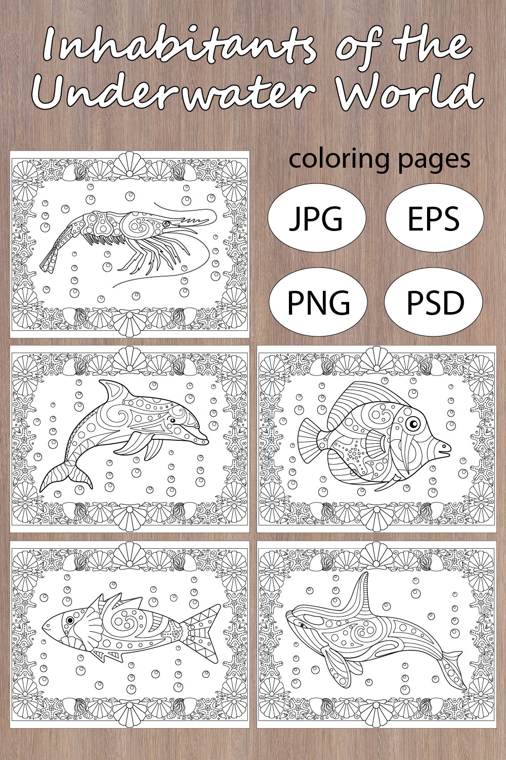 Inhabitants of the Underwater World - 5 coloring pages pinterest preview image.