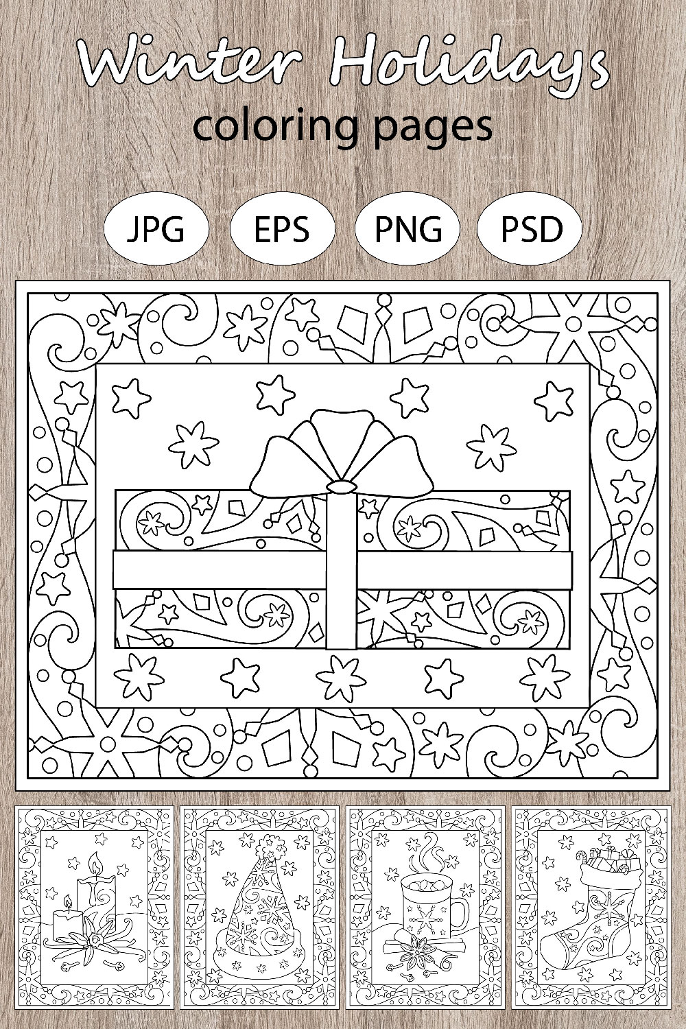 Winter Holidays - 5 coloring pages pinterest preview image.