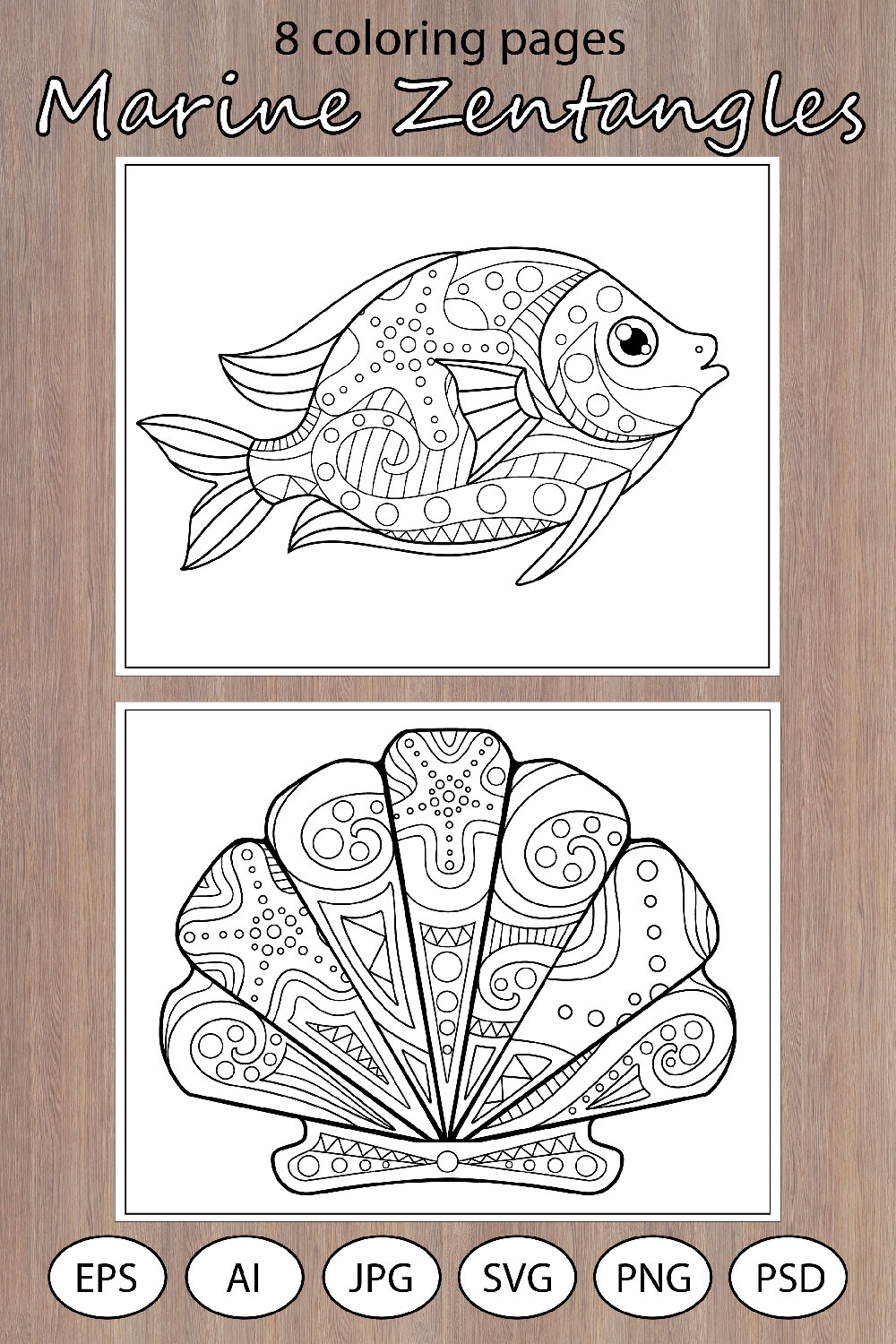 Marine Zentangles 8 coloring pages pinterest preview image.