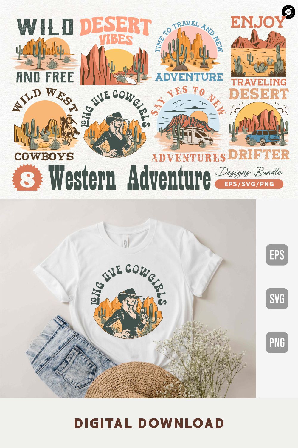 Retro Western Travel Adventure Vector T-shirt Designs Bundle pinterest preview image.