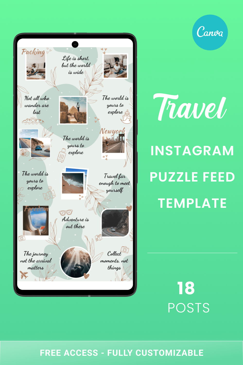 Travel Instagram Puzzle Feed Canva Template - 18 Instagram Posts pinterest preview image.