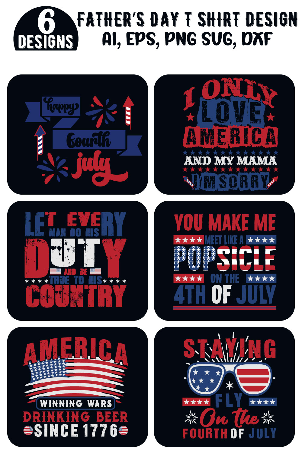 Happy 4th July, USA ndependence Day National day t shirt Design Bundle pinterest preview image.
