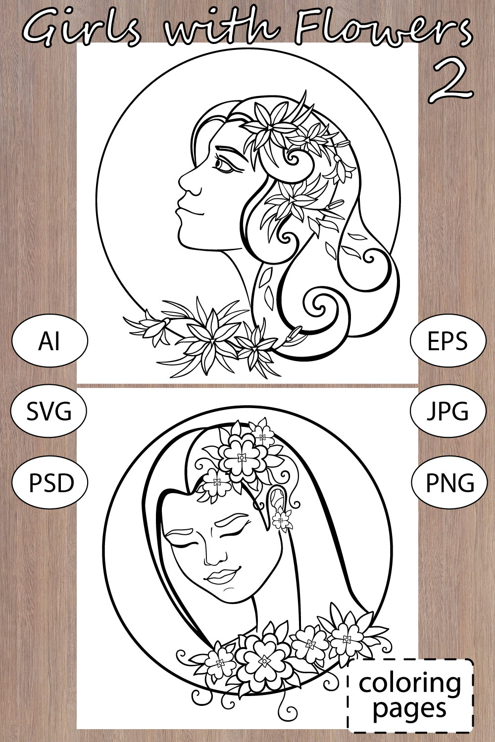 Girls with Flowers 2 coloring pages pinterest preview image.