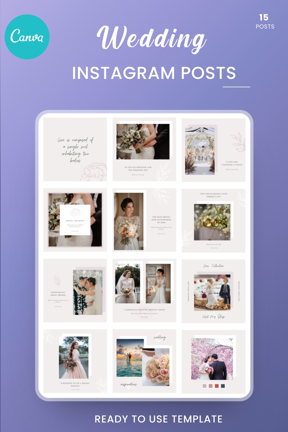 Modern Wedding Canva Template - 15 Instagram Posts pinterest preview image.