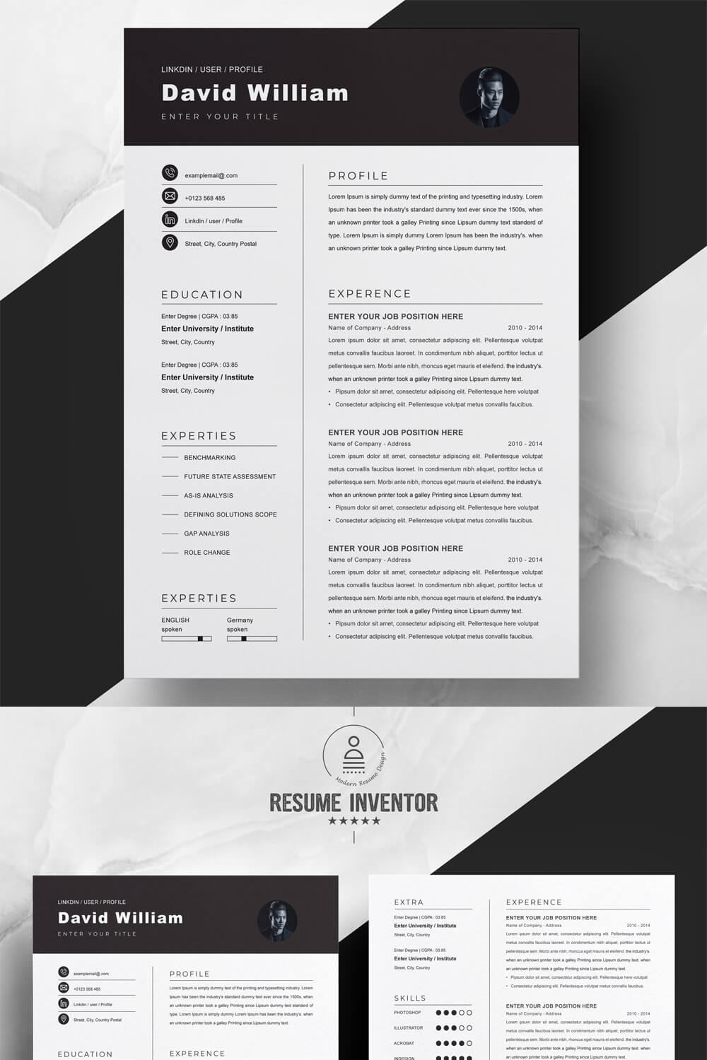 Black & White Resume Template | Professional CV Template pinterest preview image.