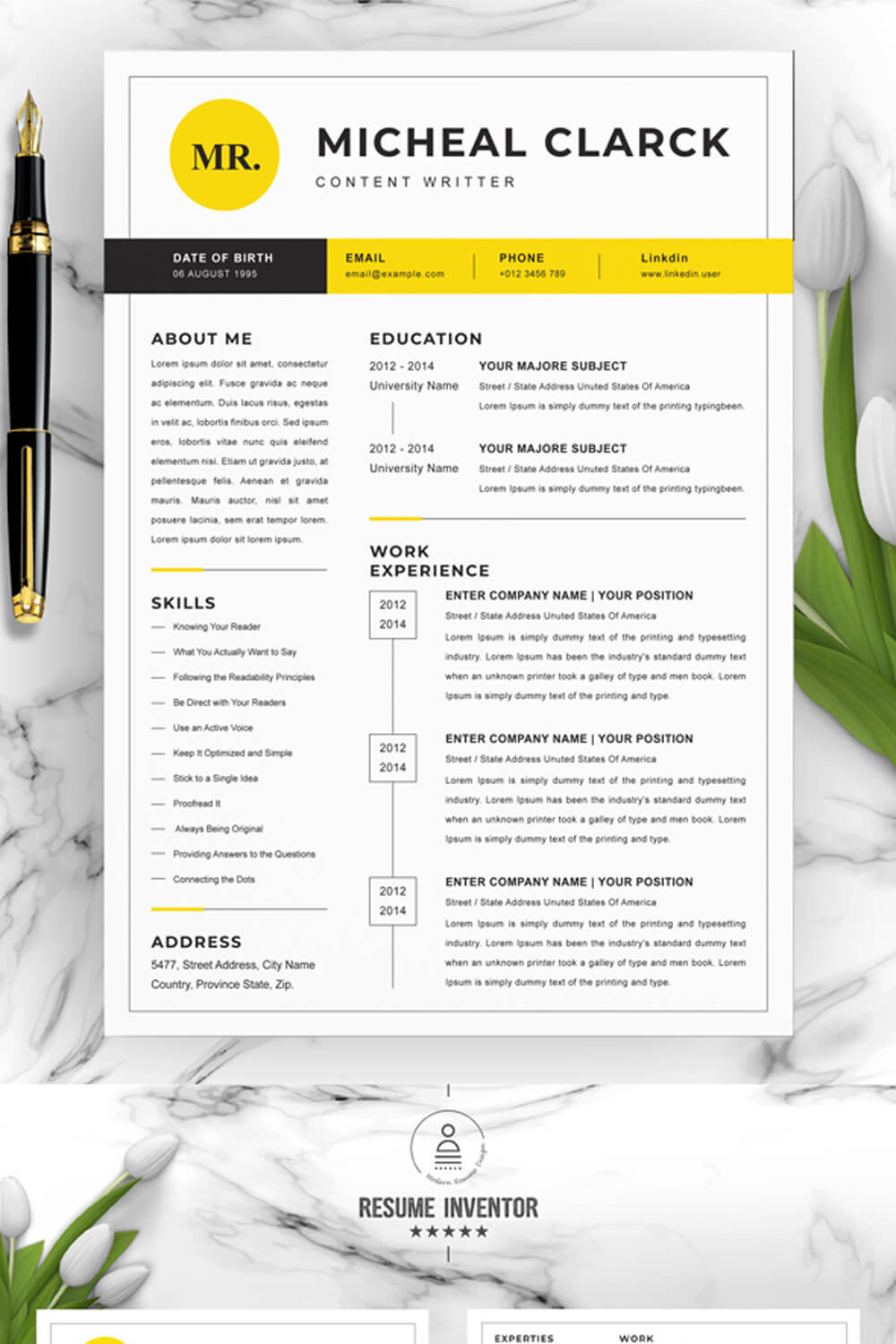 CONTENT WRITER RESUME TEMPLATE | CV TEMPLATE WORD (DOCX) FORMAT pinterest preview image.