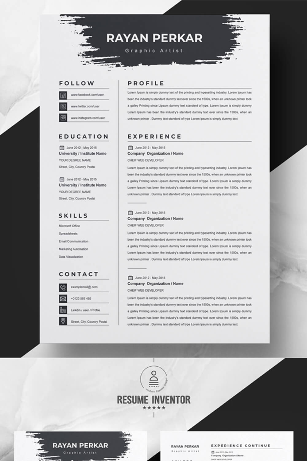 Graphic Artist CV Template | Clean Modern Resume Template | Resume Template Word Format pinterest preview image.