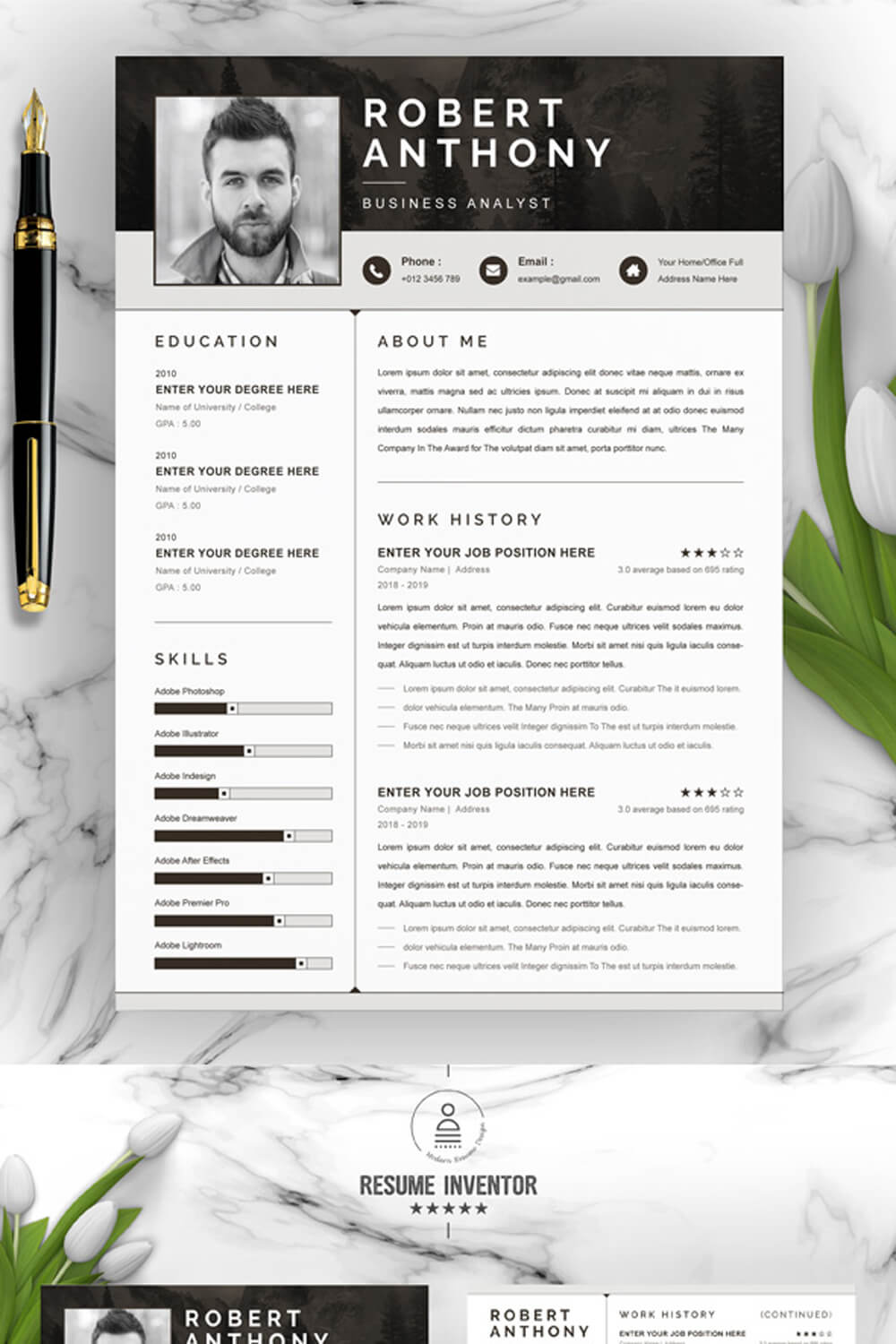 Business Analyst Resume Template | Resume Template in Word PSD Format pinterest preview image.