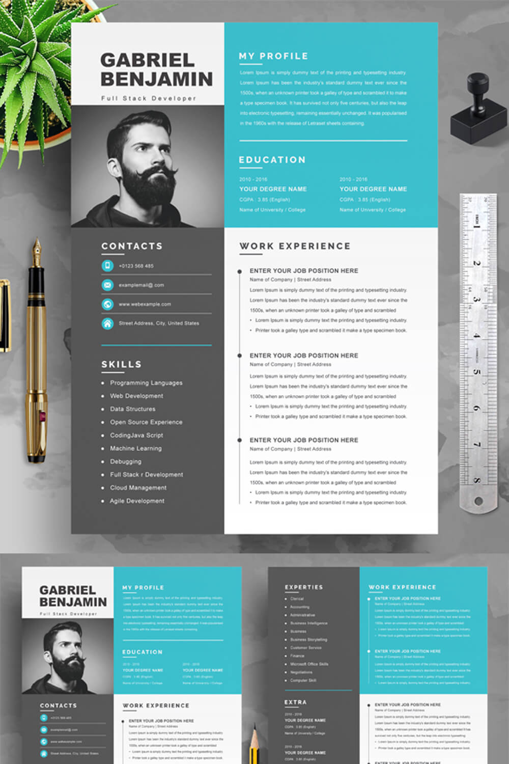 Full Stack Developer Resume Template | Professional Resume Template in Word & PSD Format pinterest preview image.