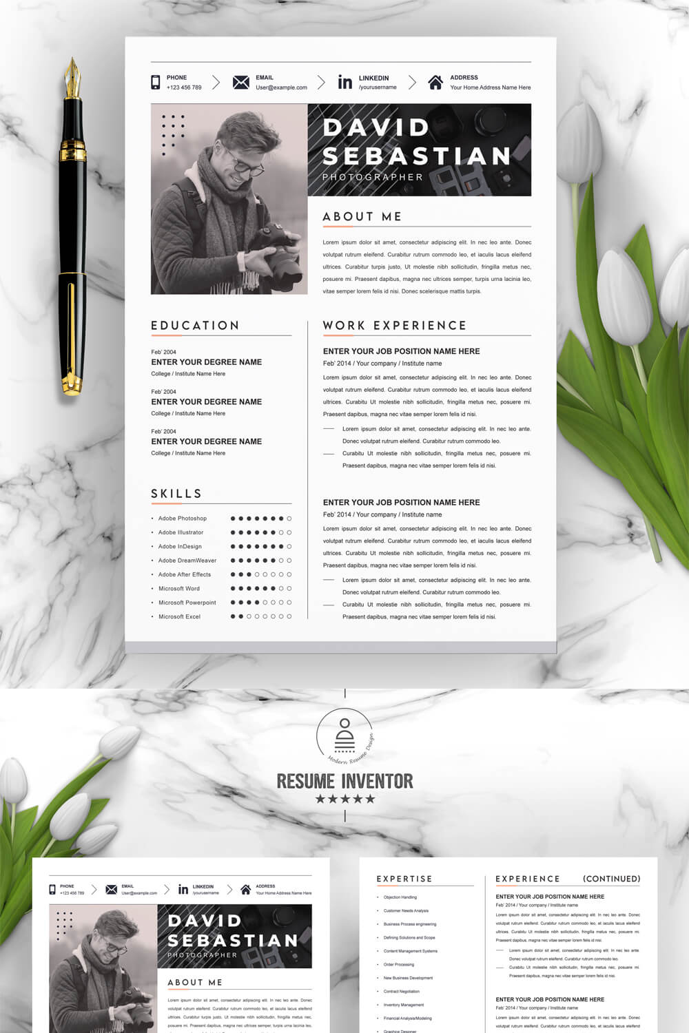 Photographer Resume Template | Classic Resume Template pinterest preview image.