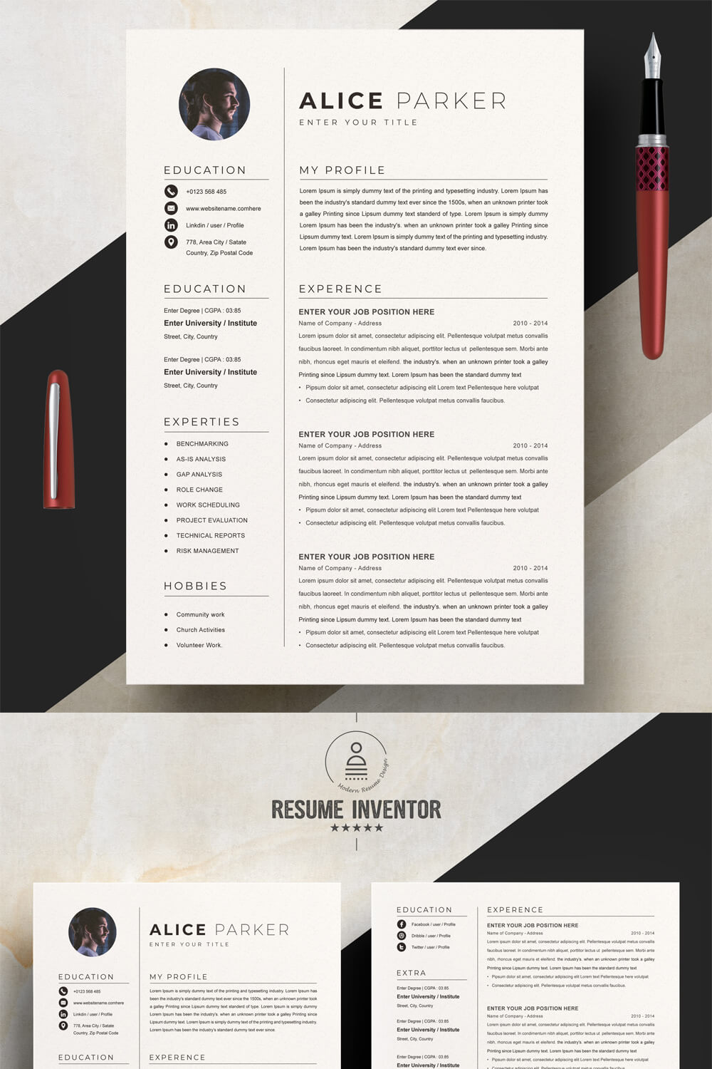 Clean and Elegant Resume Template for Creative Professionals in Design, Advertising, and Media Industries pinterest preview image.