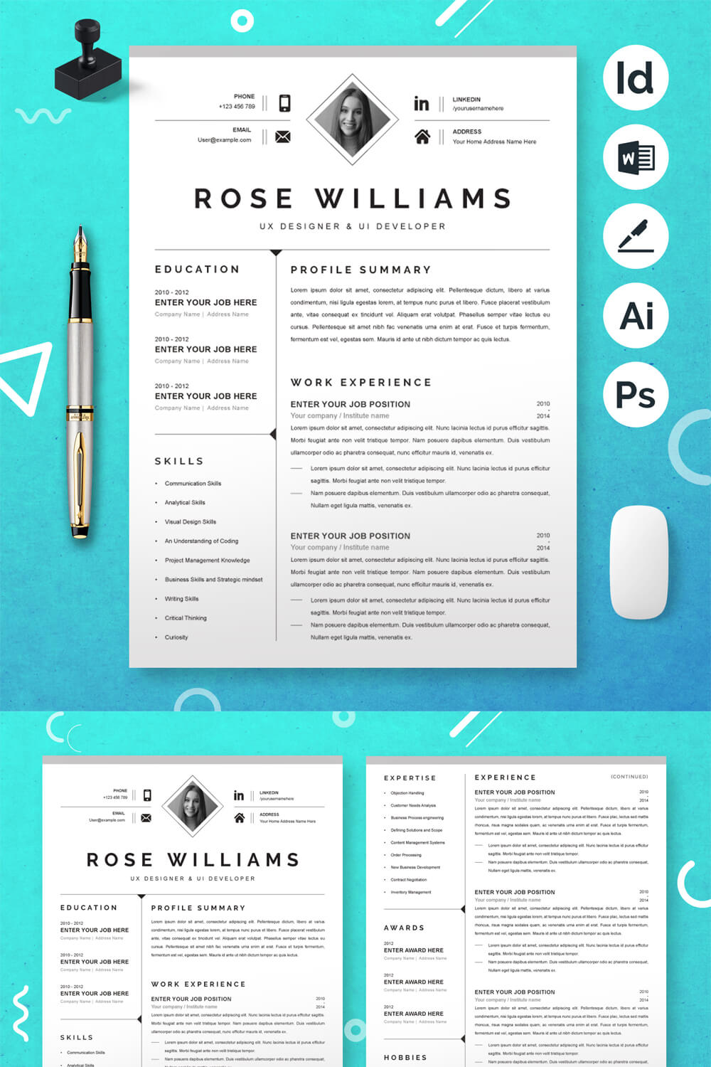 UX Designer UI Developer Resume Template | Word Resume Template pinterest preview image.