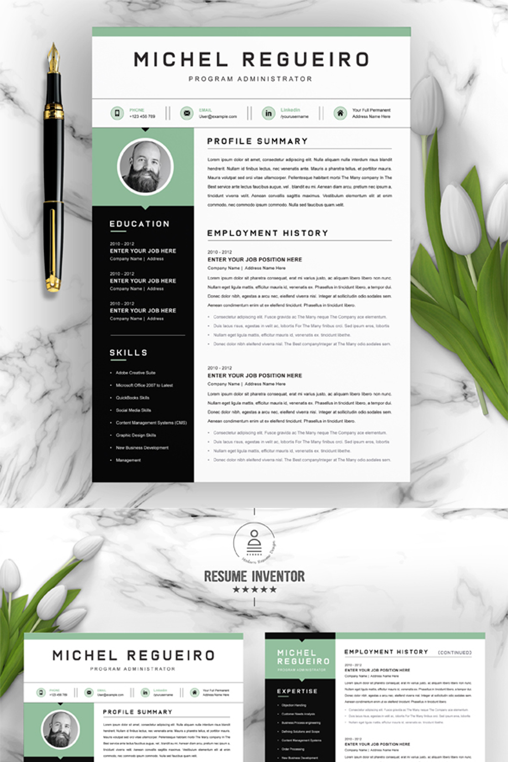 Sleek and Professional Resume Template for Career Advancement in Business, Finance, and Management Fields pinterest preview image.