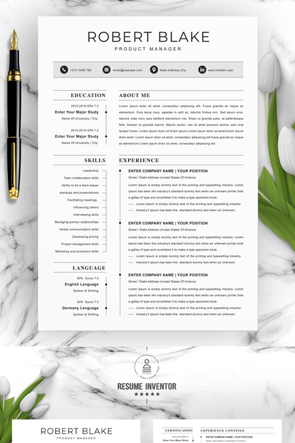 Product Manager Resume Template | Clean (CV) Resume Template pinterest preview image.