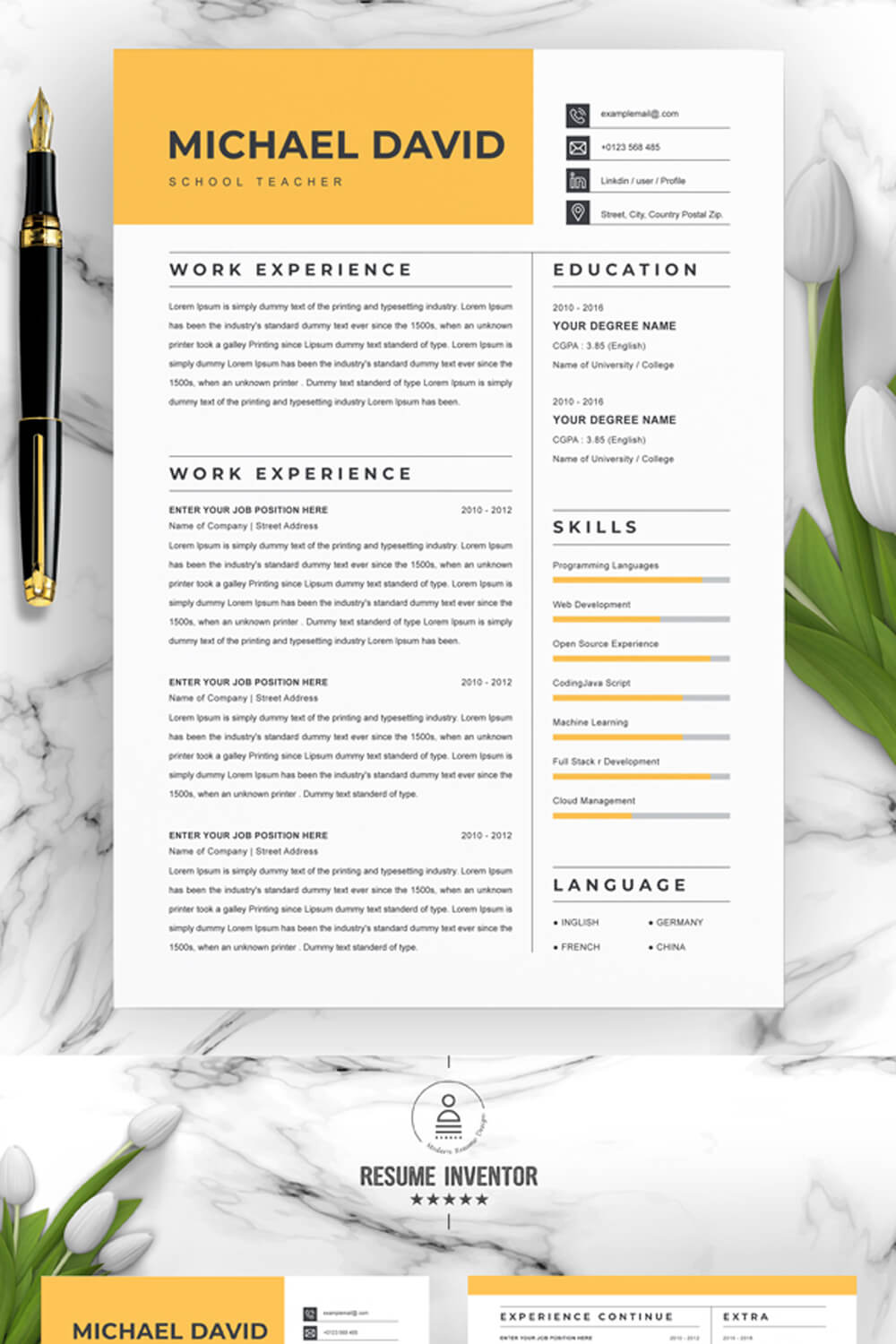 Modern Resume Design Template | Professional Resume Template Word Format pinterest preview image.