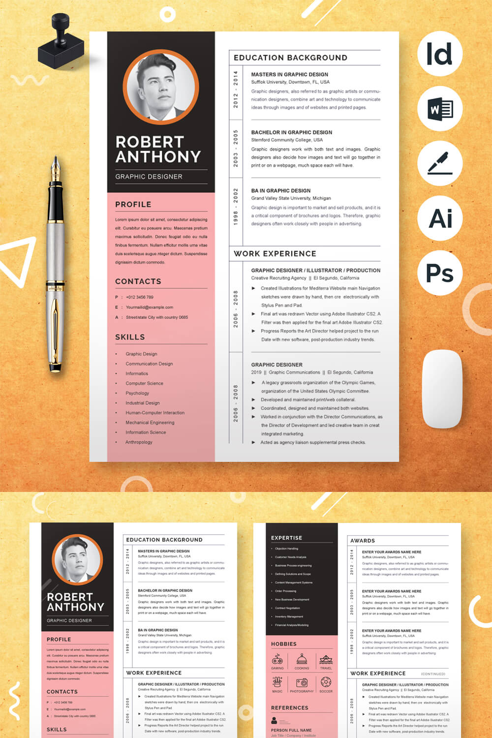 Professional Graphic Designer Resume Template | Word Resume Template pinterest preview image.
