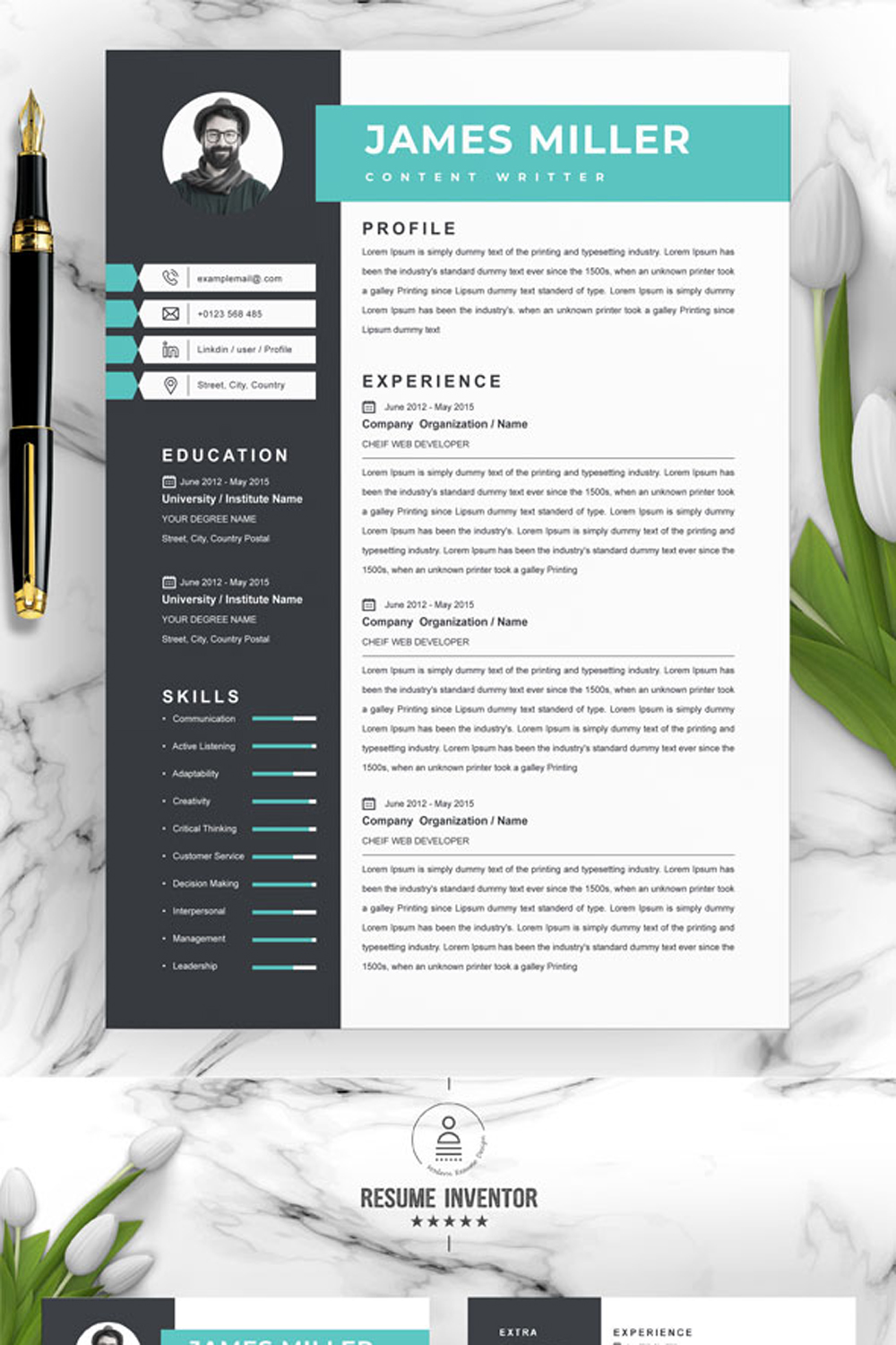 Content Writer Professional Resume Template | CV Template | Resume Template in Word PSD Format pinterest preview image.