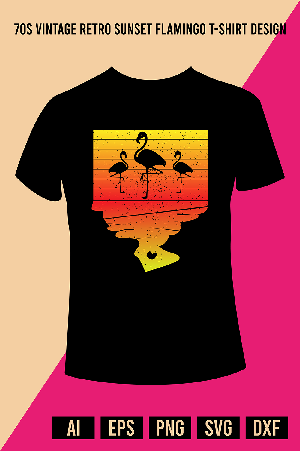 70s vintage retro sunset Flamingo T-Shirt Design pinterest preview image.