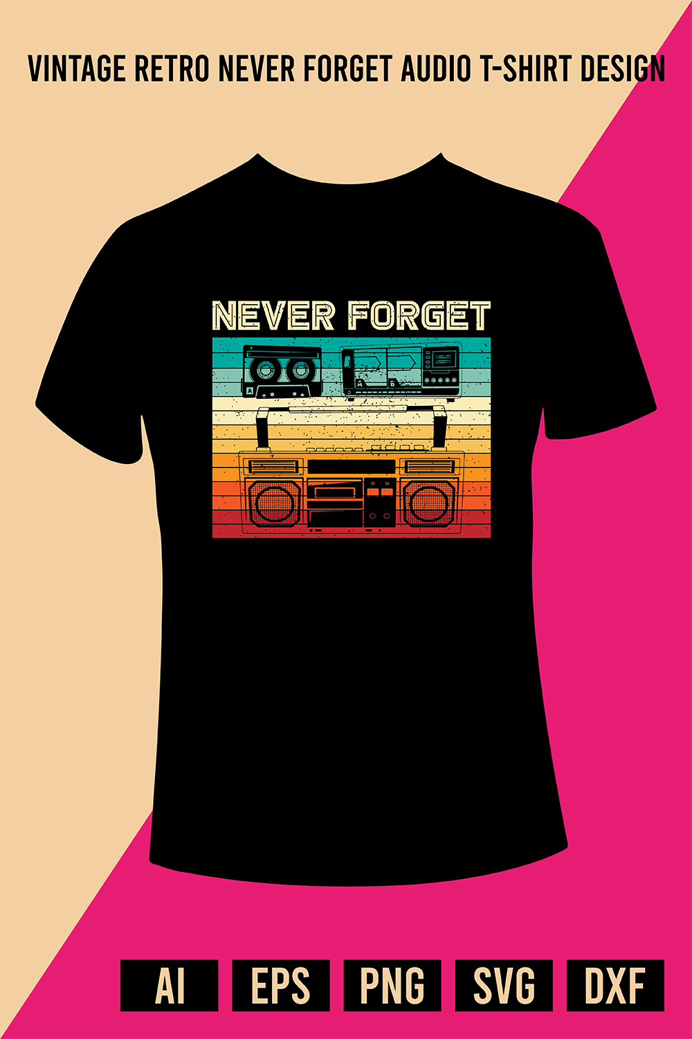 Vintage Retro Never Forget Audio T-Shirt Design pinterest preview image.