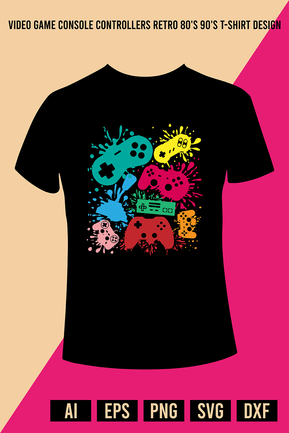 Video Game Console Controllers Retro 80's 90's T-Shirt Design pinterest preview image.