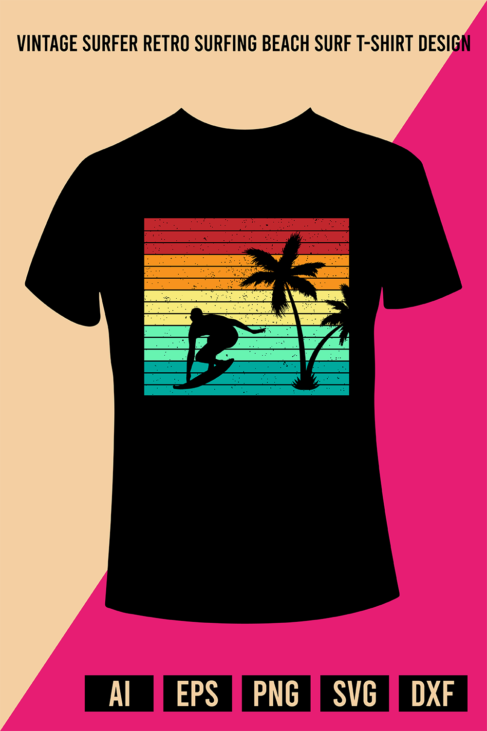 Vintage Surfer Retro Surfing Beach Surf T-Shirt Design pinterest preview image.