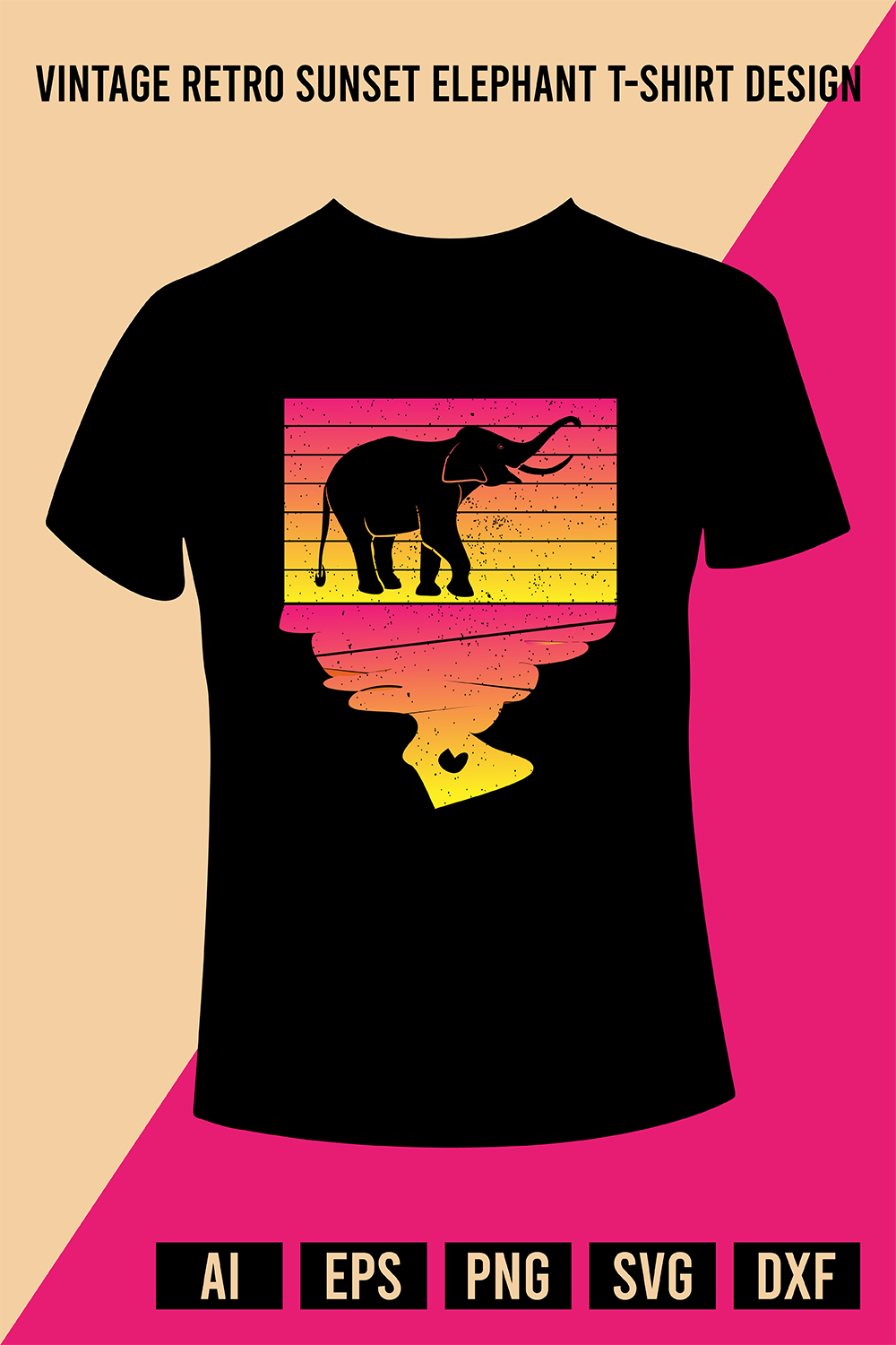 Vintage Retro Sunset Elephant T-Shirt Design pinterest preview image.