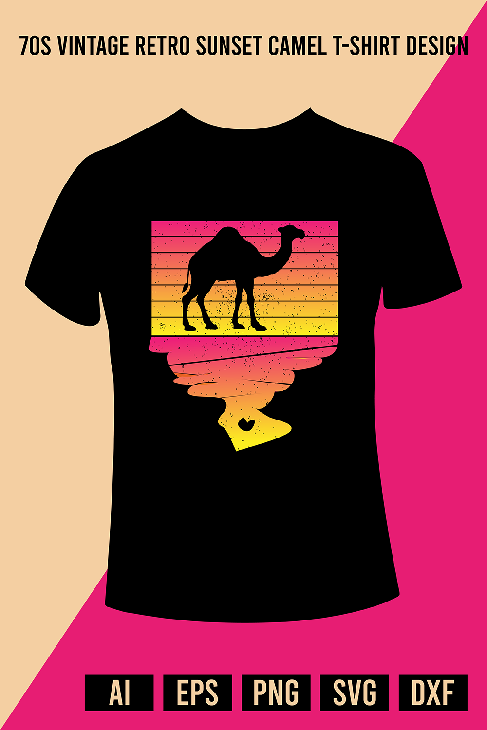 70s vintage retro sunset Camel T-Shirt Design pinterest preview image.