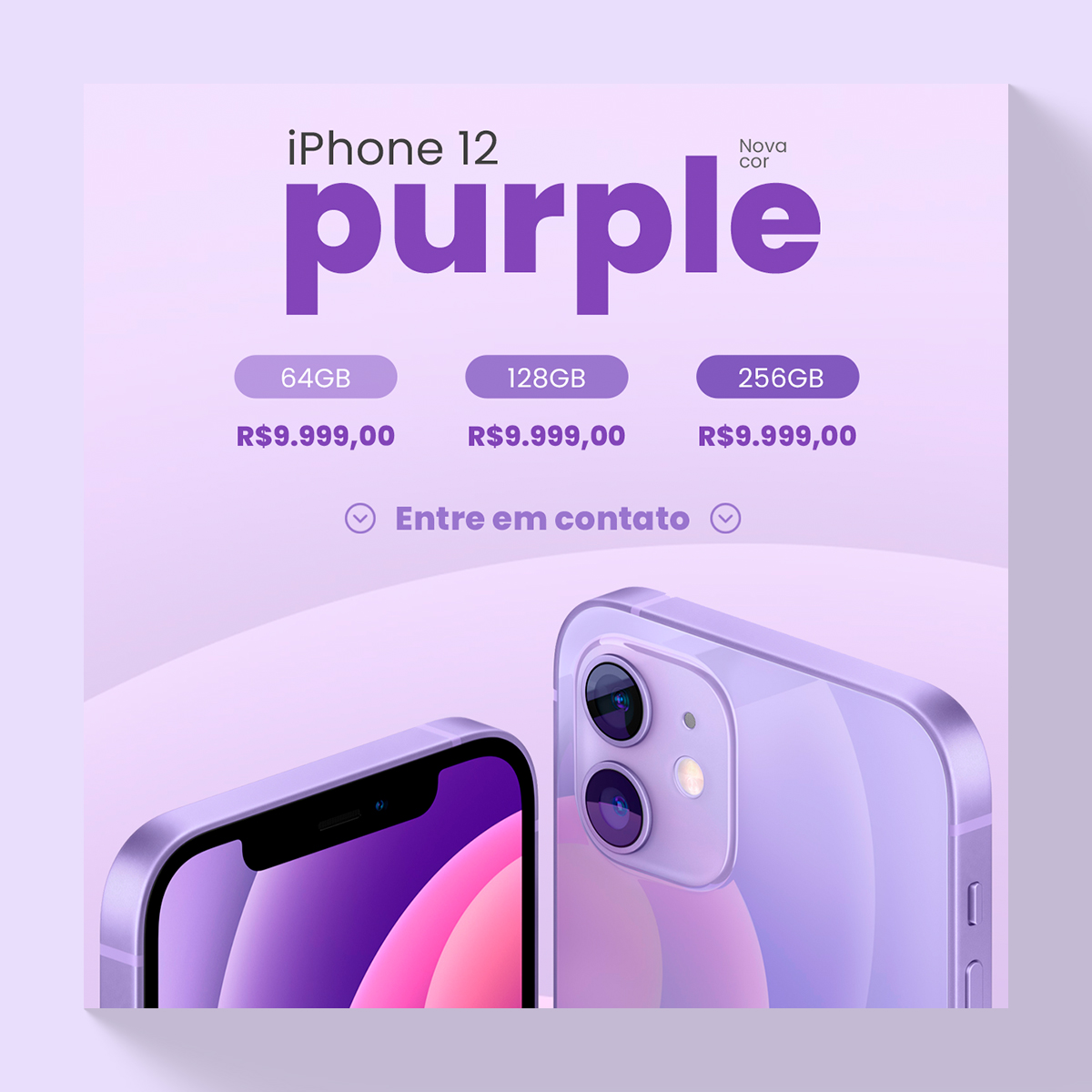 iPhone 12 Purple PSD File Social Media Post Design Template preview image.