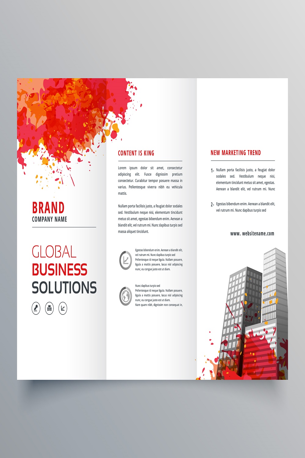 Trifold business brochure template with watercolor stains pinterest preview image.