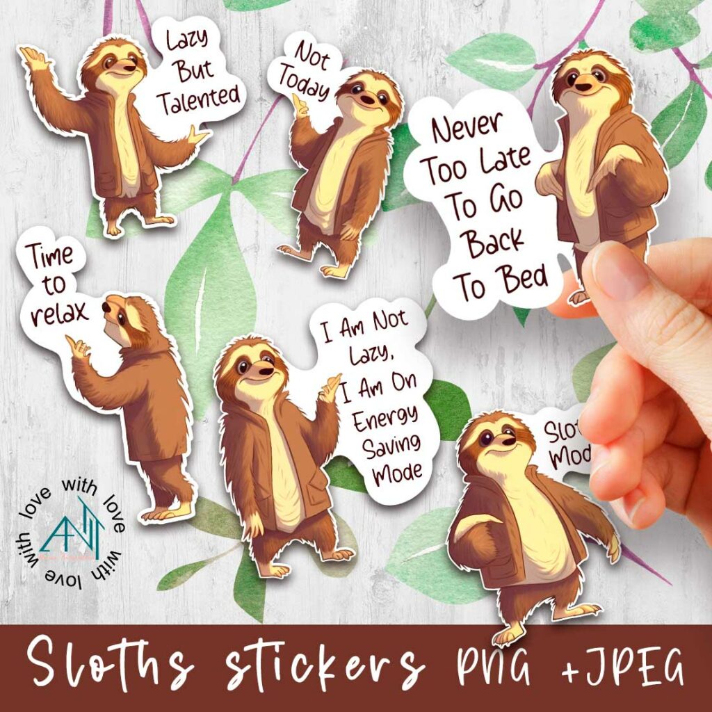 Sloth Cartoon Sticker Peace Sign Cute Sloth Cartoons | Printable Stickers Cricut Design - MasterBundles