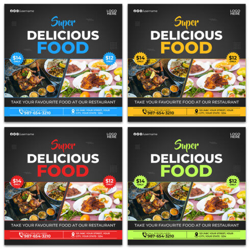 4 Super Delicious Food Restaurant Social Media Banner Templates cover image.