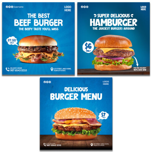 3 Delicious Burger Menu Restaurant Social Media Templates cover image.