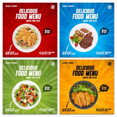 4 Delicious Food Menu Restaurant Social Media Banner Templates cover image.