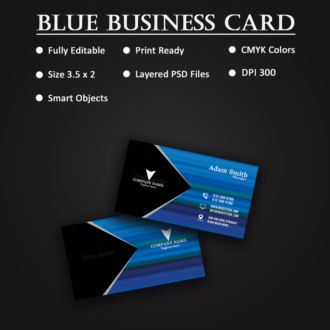 Blue and Black Business Card preview image.