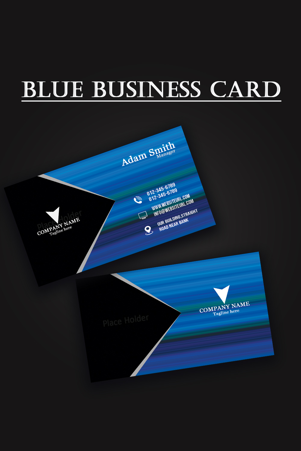 Blue and Black Business Card pinterest preview image.