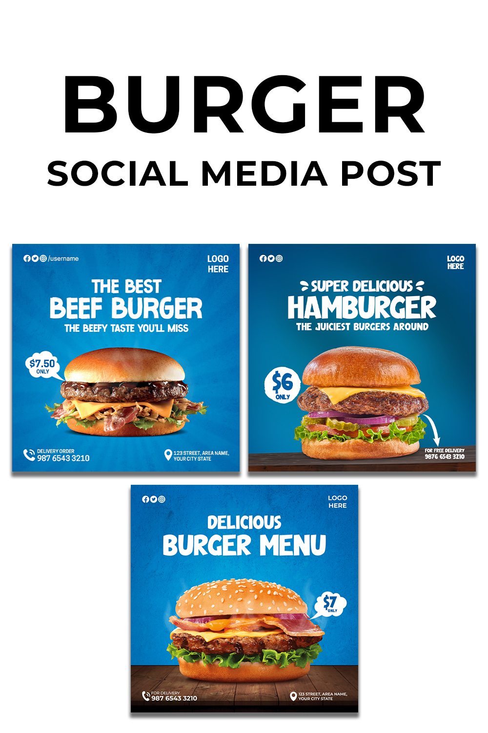3 Delicious Burger Menu Restaurant Social Media Templates pinterest preview image.