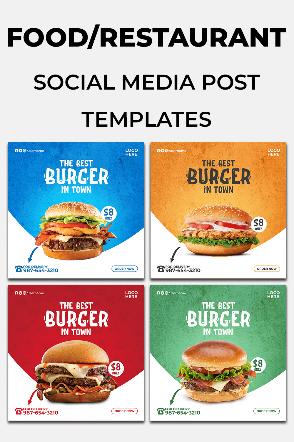 4 Best Burger Restaurant Social Media Banner Templates pinterest preview image.
