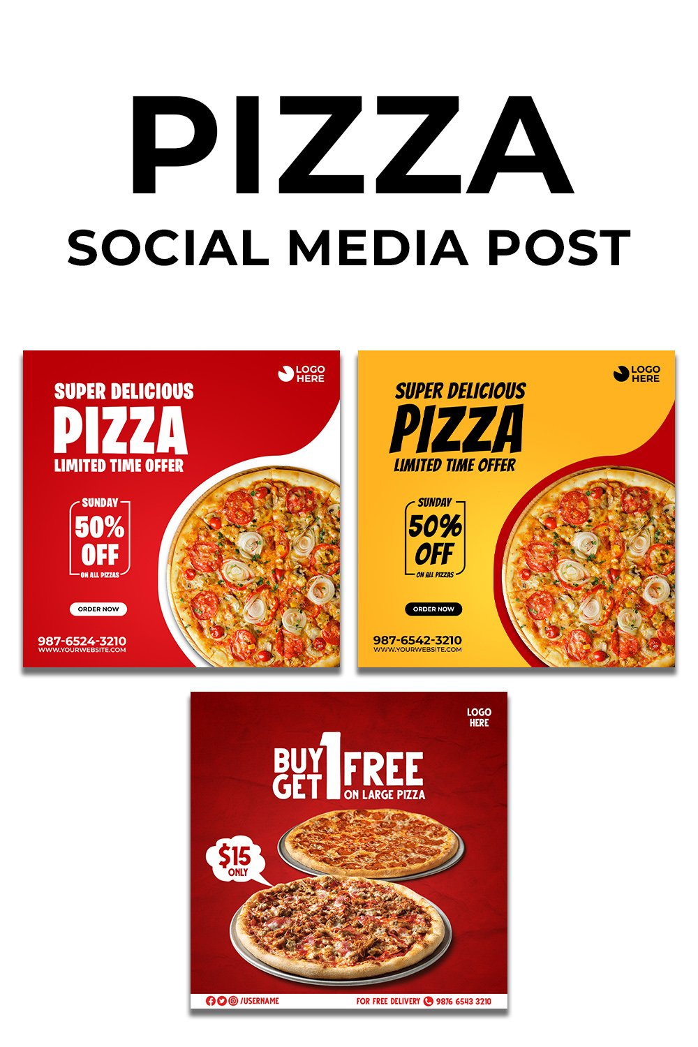 3 Delicious Pizza Menu Restaurant Social Media Templates pinterest preview image.