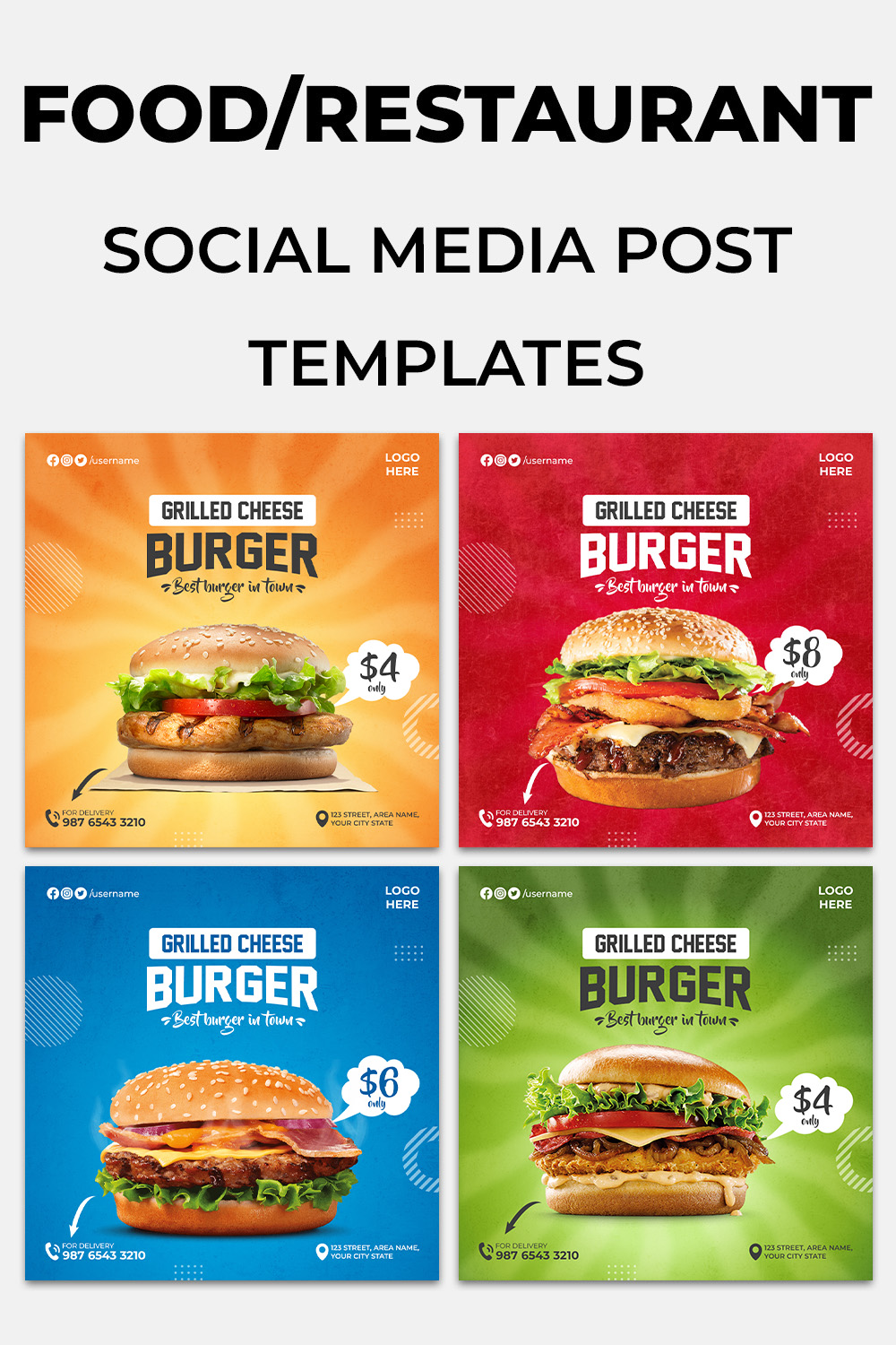 4 Cheese Burger Restaurant Social Media Banner Templates pinterest preview image.