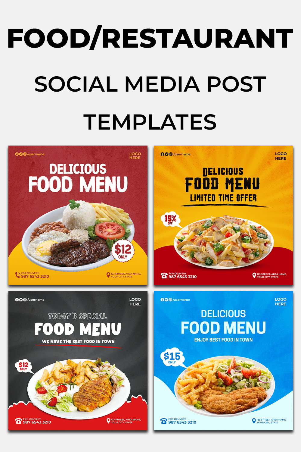 4 Delicious Food Menu Restaurant Social Media Banner Templates pinterest preview image.